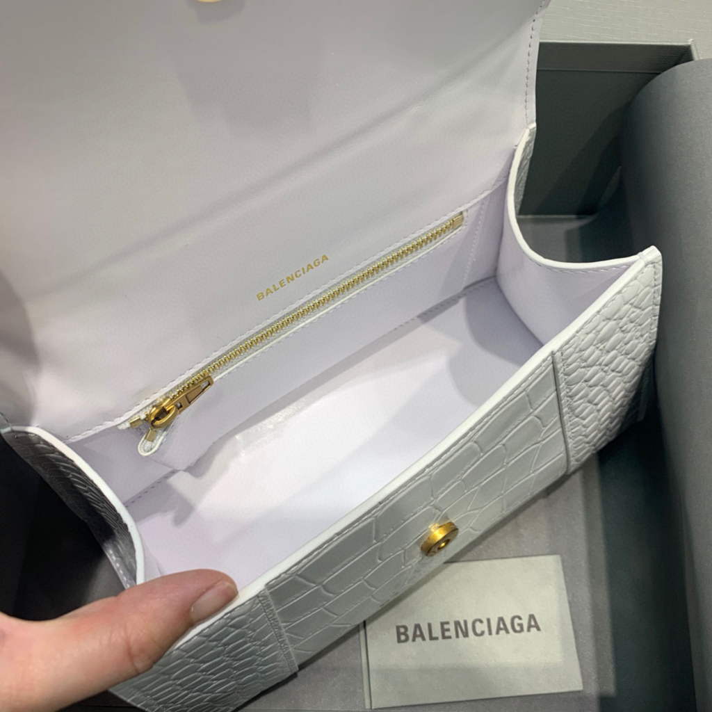 Balenciaga 593546 Hourglass Small Top Handle Crocodile Bag White Gold