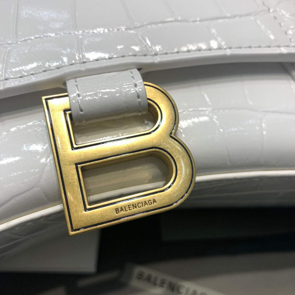 Balenciaga 593546 Hourglass Small Top Handle Crocodile Bag White Gold