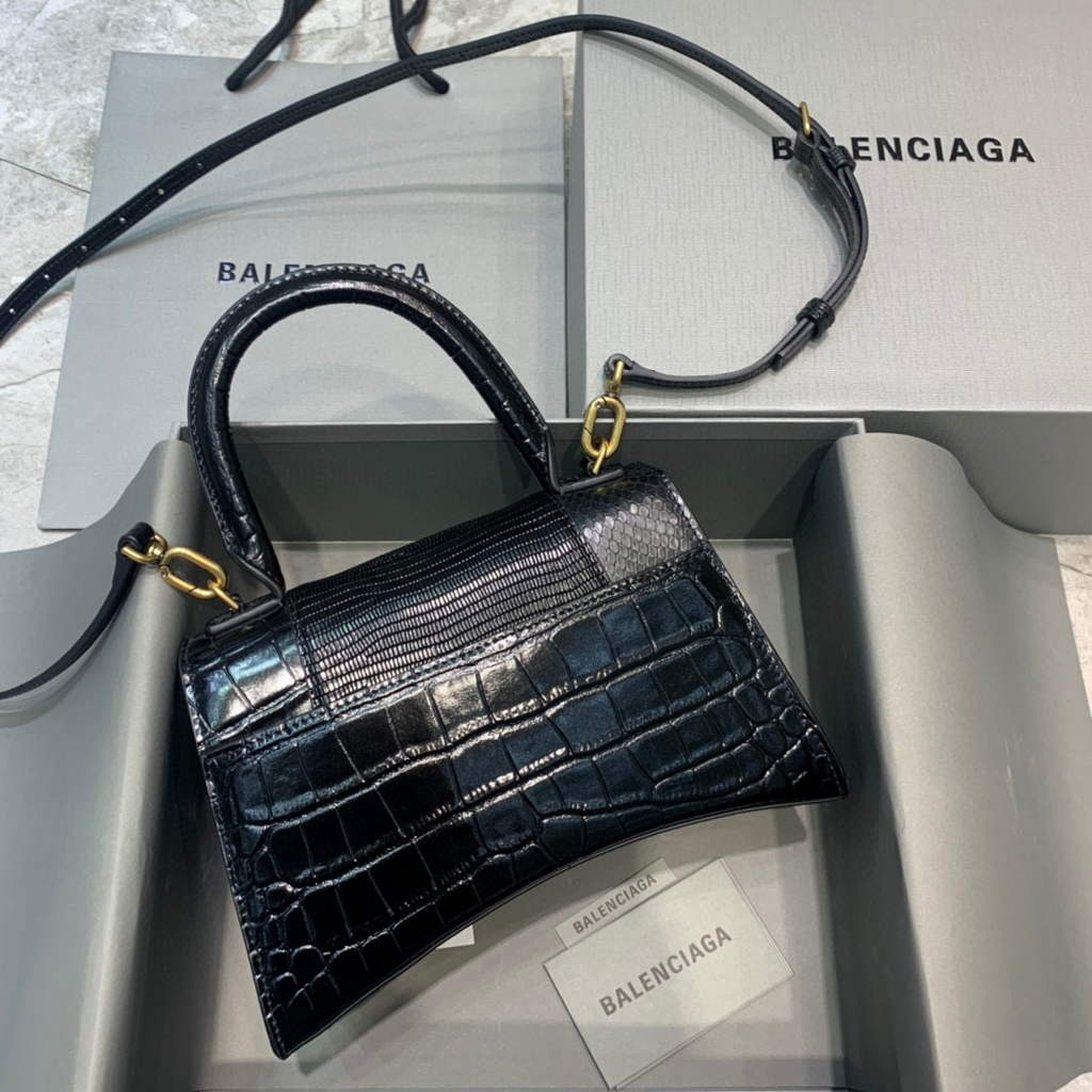 Balenciaga 593546 Hourglass Small Top Handle Crocodile Bag Black Gold