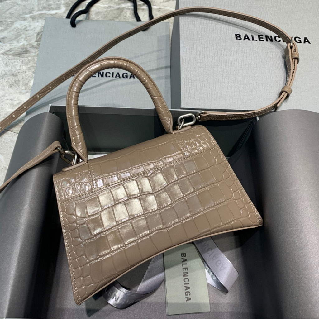 Balenciaga 593546 Hourglass Small Top Handle Crocodile Bag kakhi