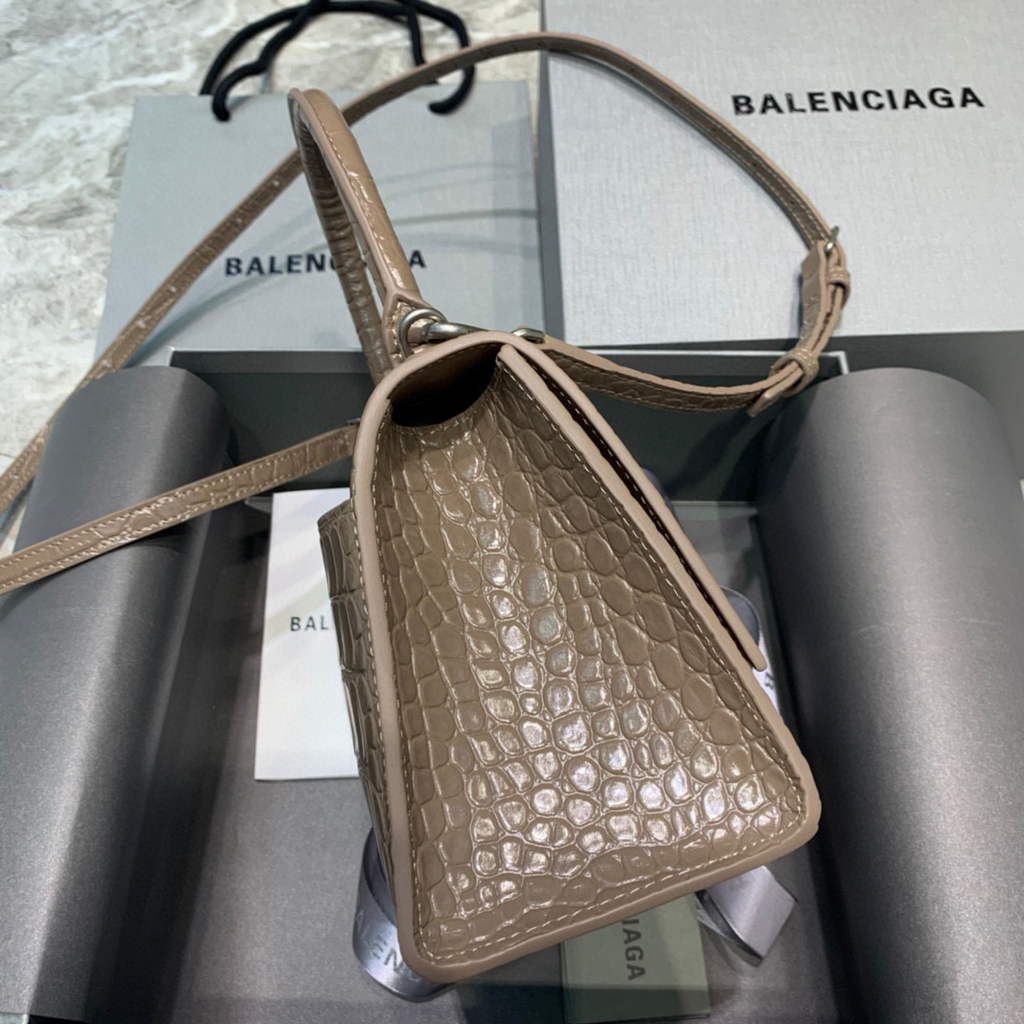 Balenciaga 593546 Hourglass Small Top Handle Crocodile Bag kakhi