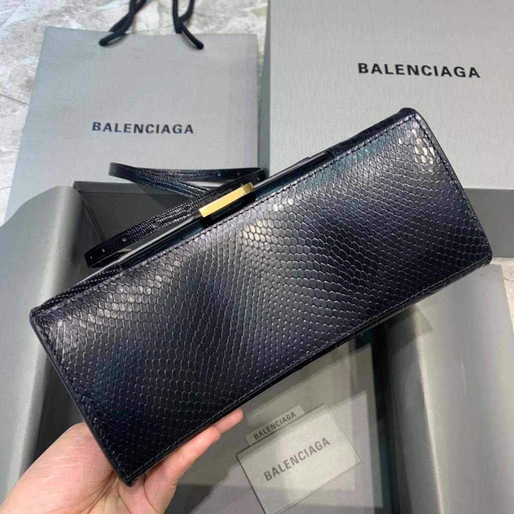 Balenciaga 593546 Hourglass Small Top Handle Crocodile Bag Black Gold