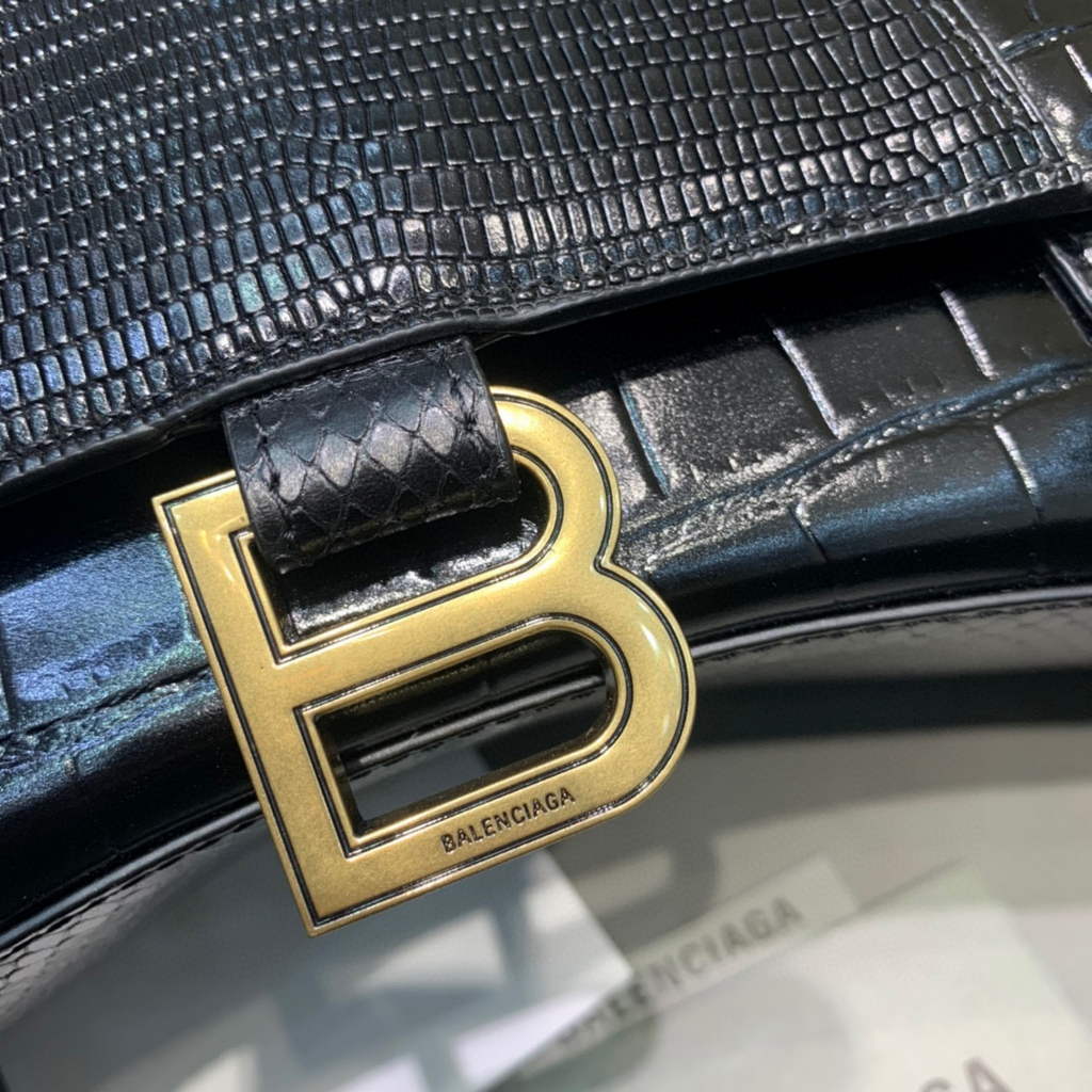 Balenciaga 593546 Hourglass Small Top Handle Crocodile Bag Black Gold