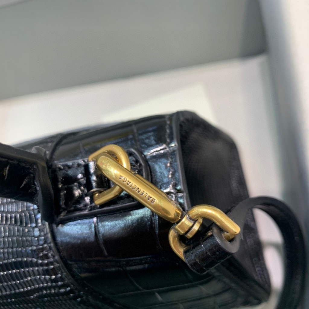 Balenciaga 593546 Hourglass Small Top Handle Crocodile Bag Black Gold