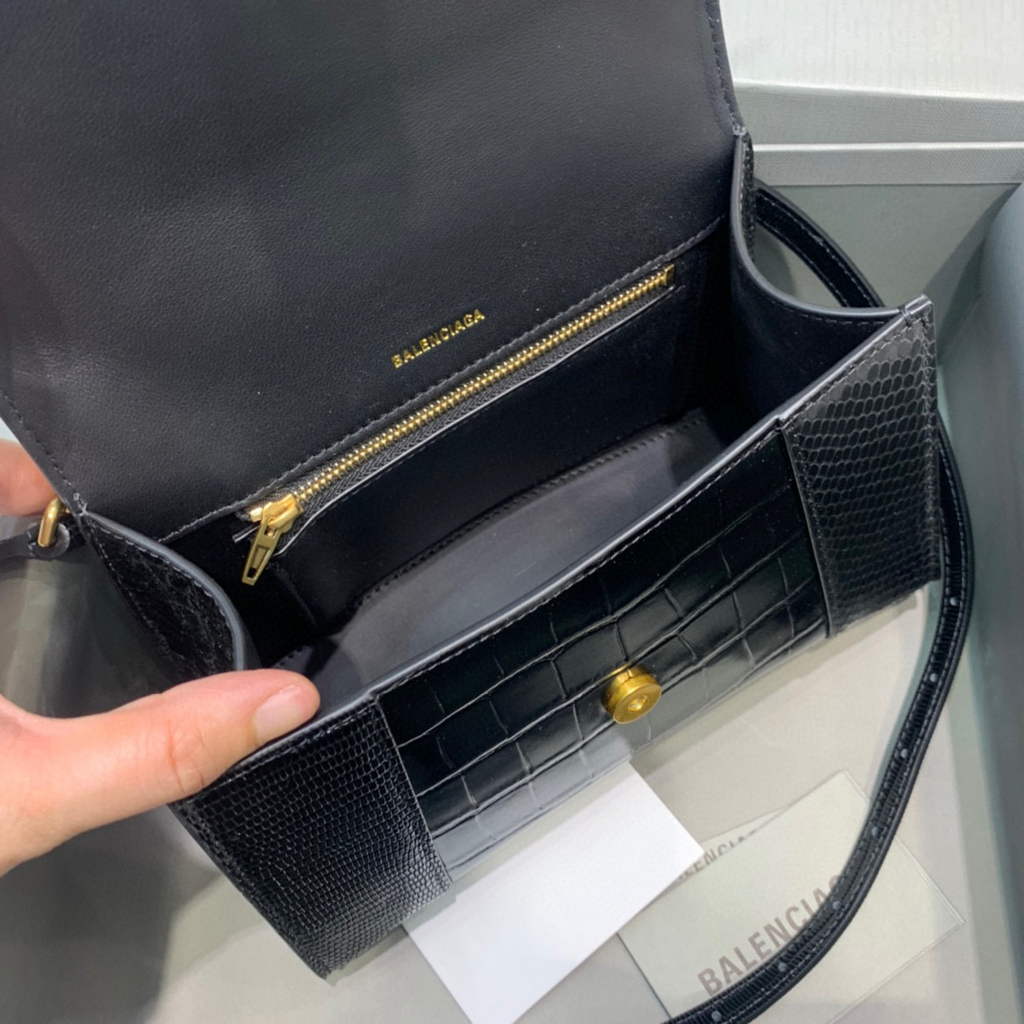 Balenciaga 593546 Hourglass Small Top Handle Crocodile Bag Black Gold