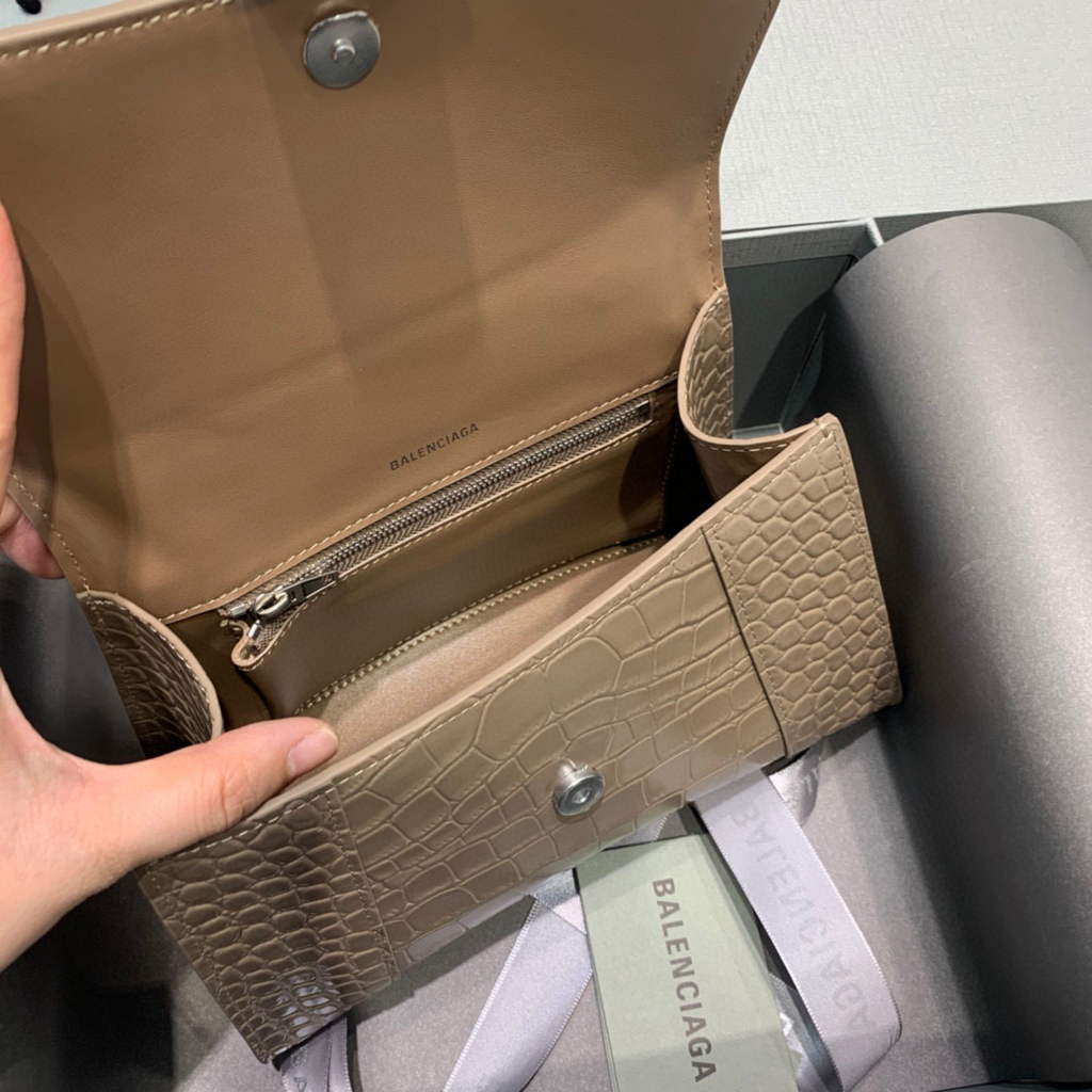 Balenciaga 593546 Hourglass Small Top Handle Crocodile Bag kakhi