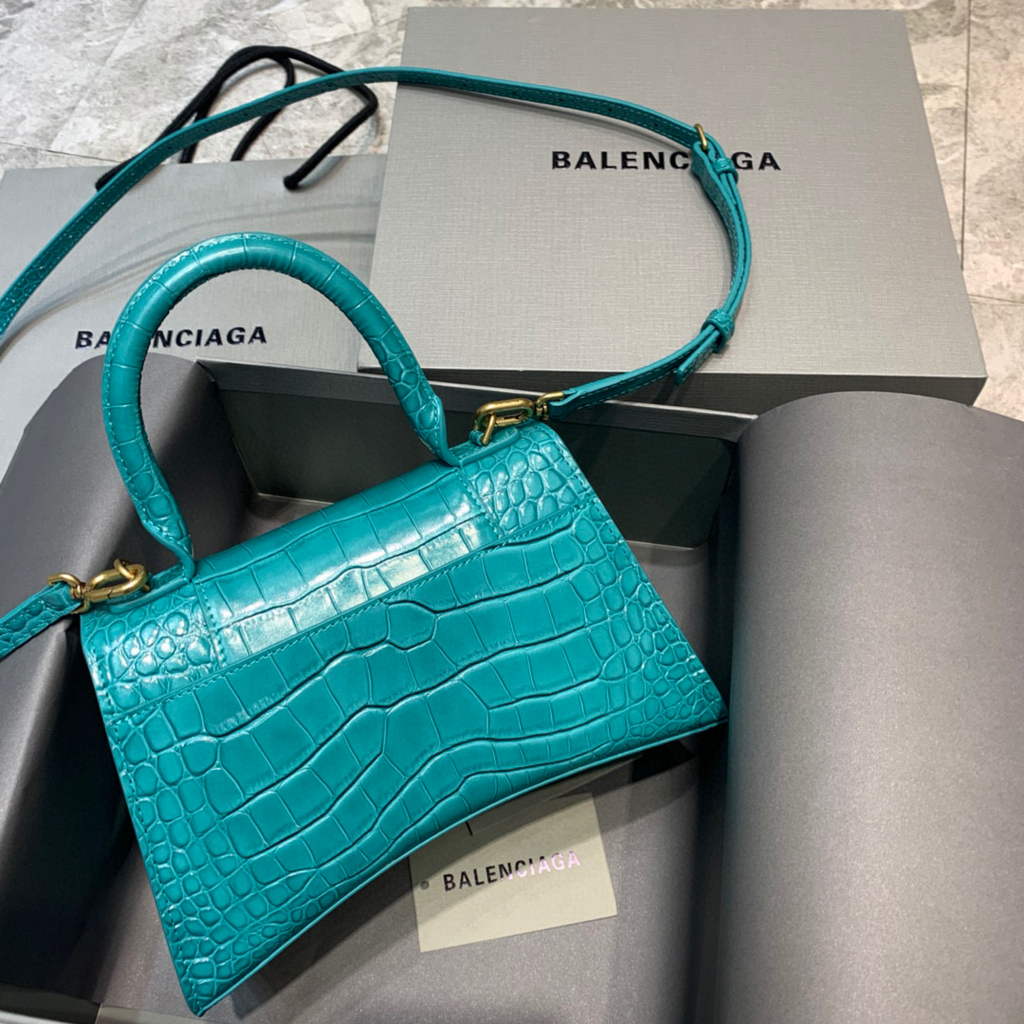 Balenciaga 593546 Hourglass Small Top Handle Crocodile Bag Blue Gold