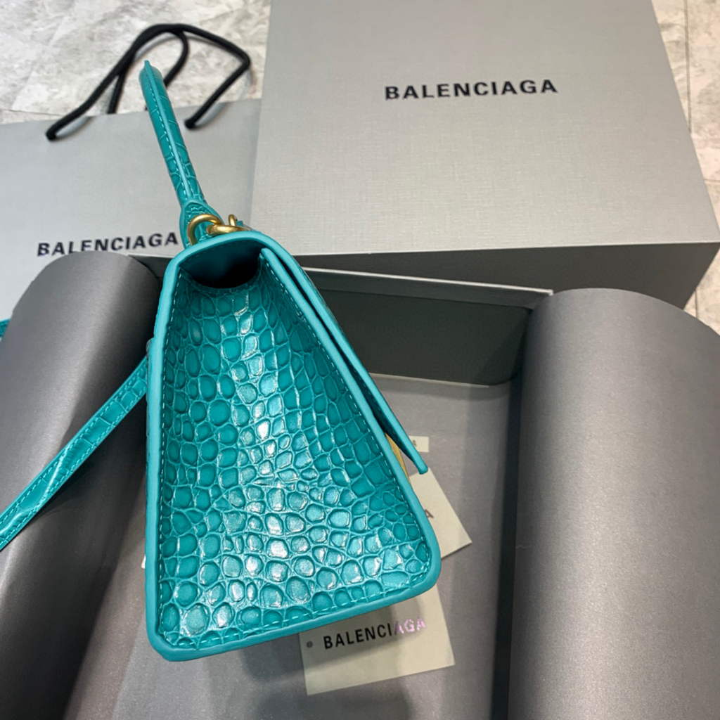 Balenciaga 593546 Hourglass Small Top Handle Crocodile Bag Blue Gold