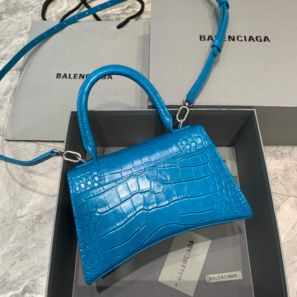Balenciaga 593546 Hourglass Small Top Handle Crocodile Bag Blue Silver