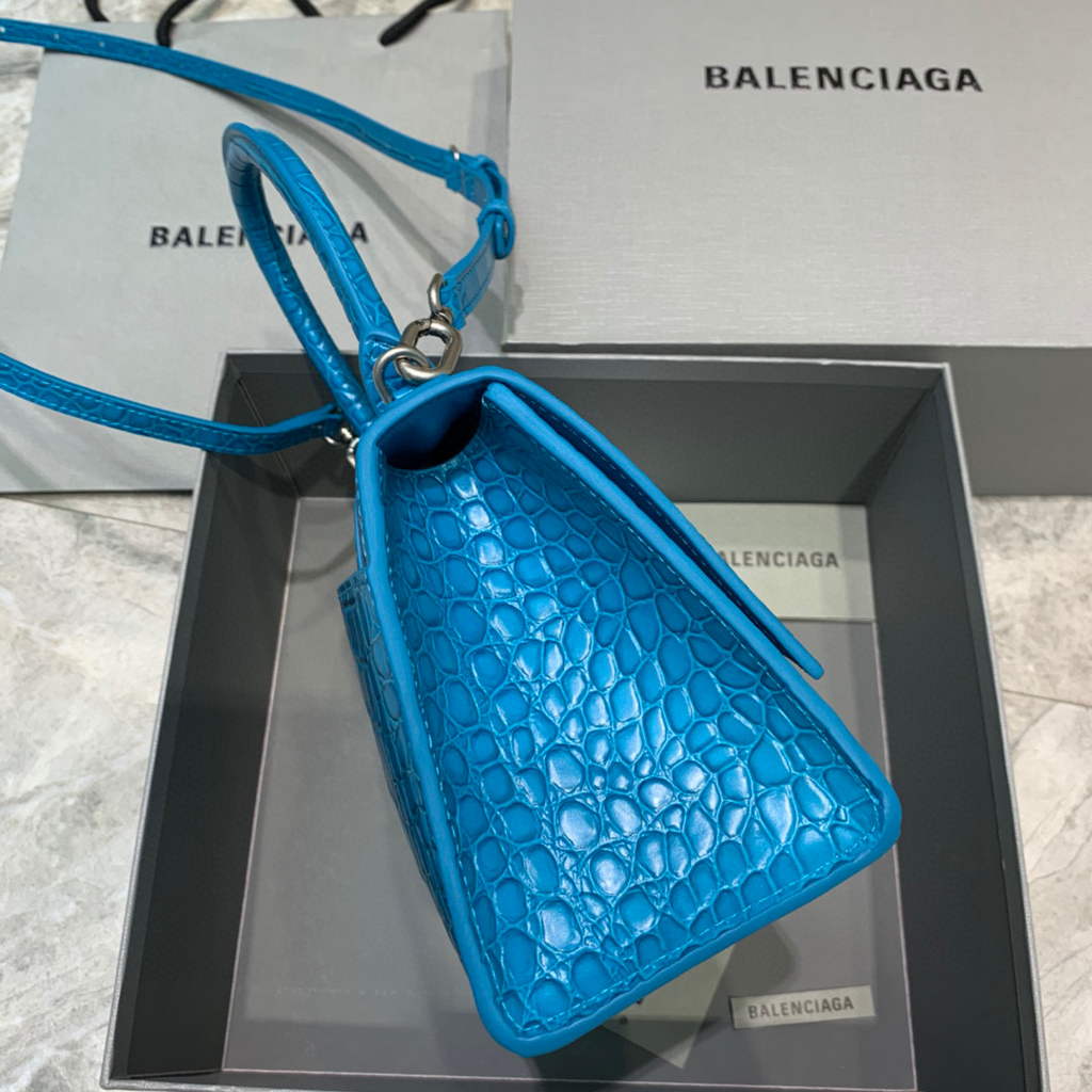 Balenciaga 593546 Hourglass Small Top Handle Crocodile Bag Blue Silver