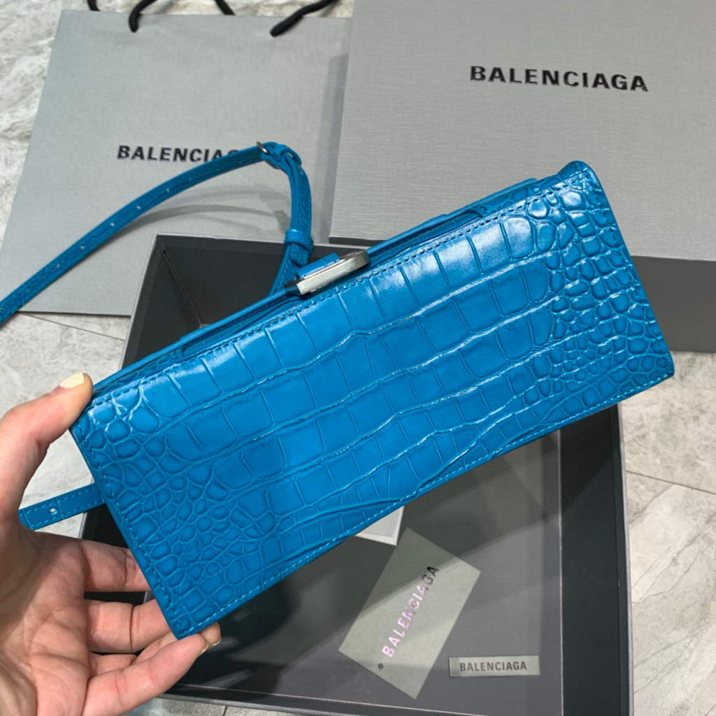 Balenciaga 593546 Hourglass Small Top Handle Crocodile Bag Blue Silver