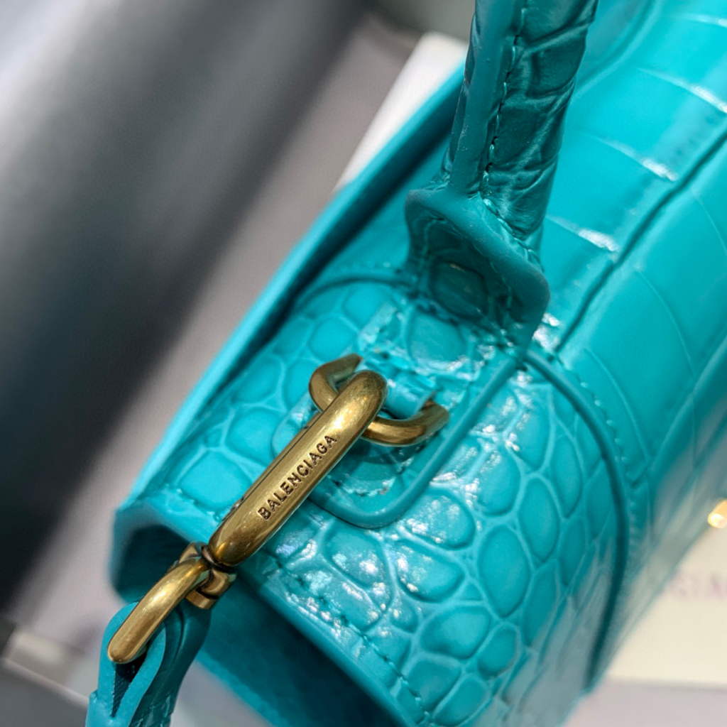 Balenciaga 593546 Hourglass Small Top Handle Crocodile Bag Blue Gold
