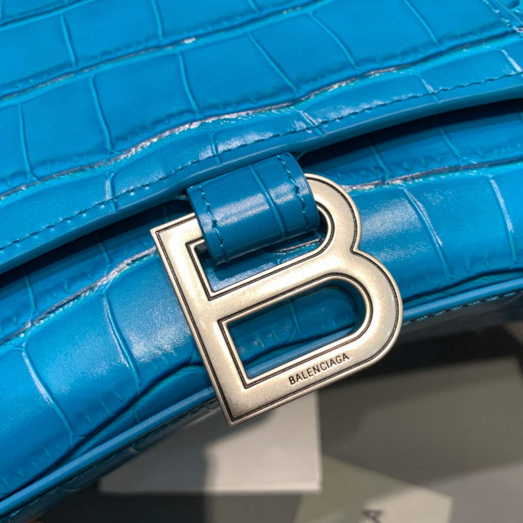 Balenciaga 593546 Hourglass Small Top Handle Crocodile Bag Blue Silver