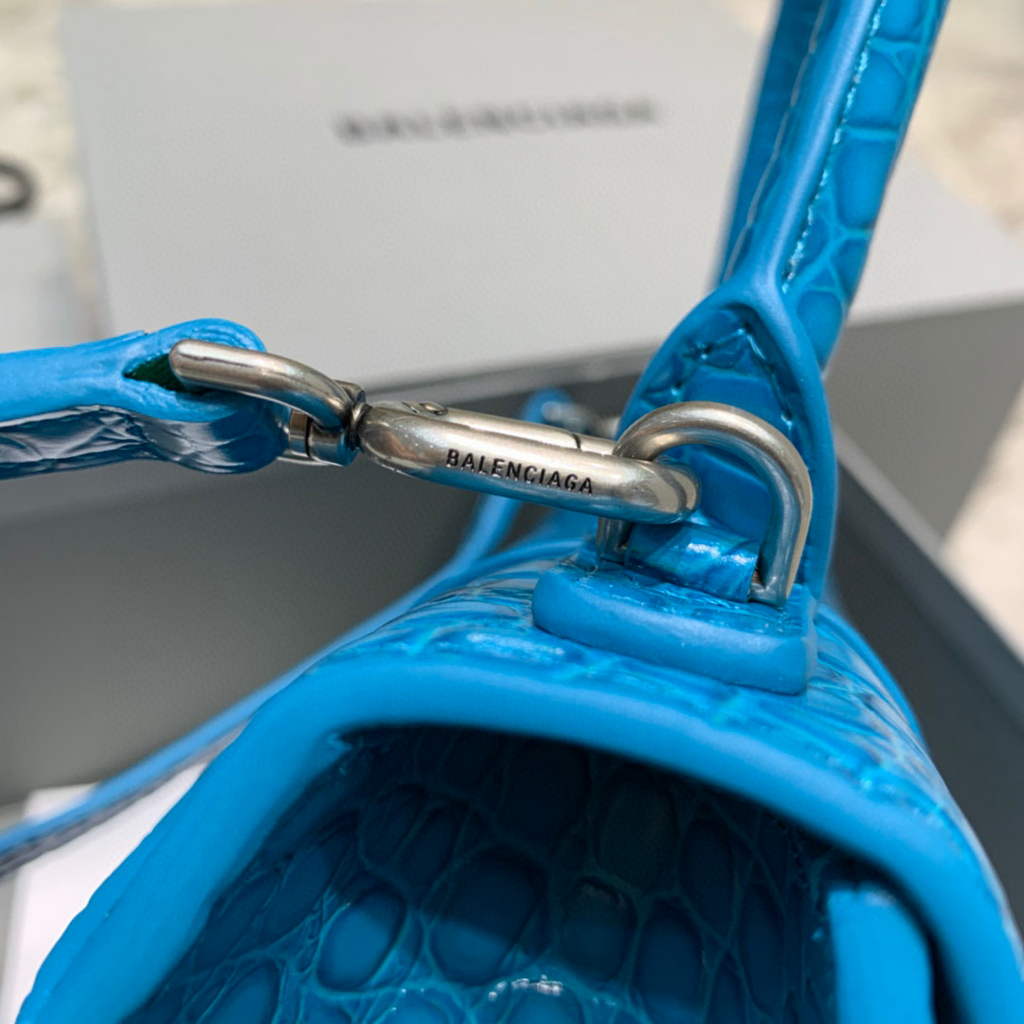 Balenciaga 593546 Hourglass Small Top Handle Crocodile Bag Blue Silver