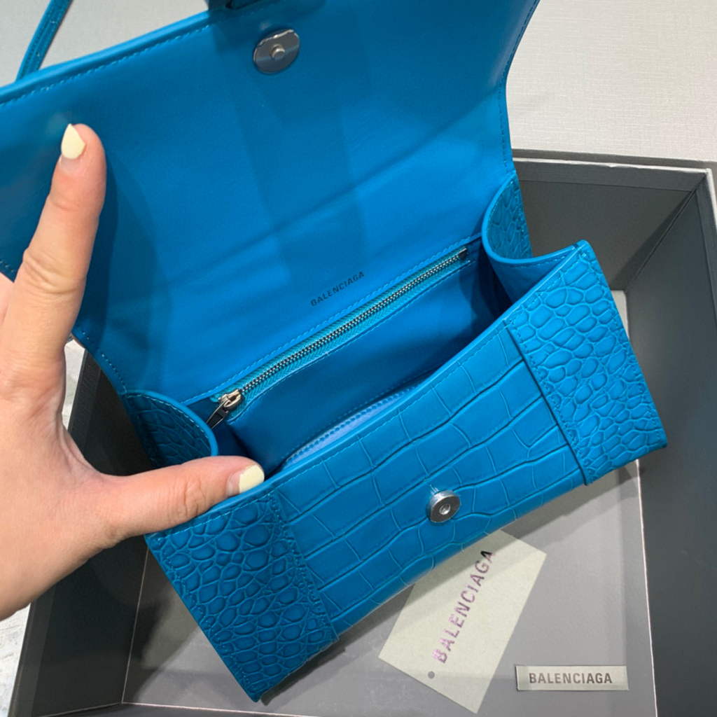 Balenciaga 593546 Hourglass Small Top Handle Crocodile Bag Blue Silver