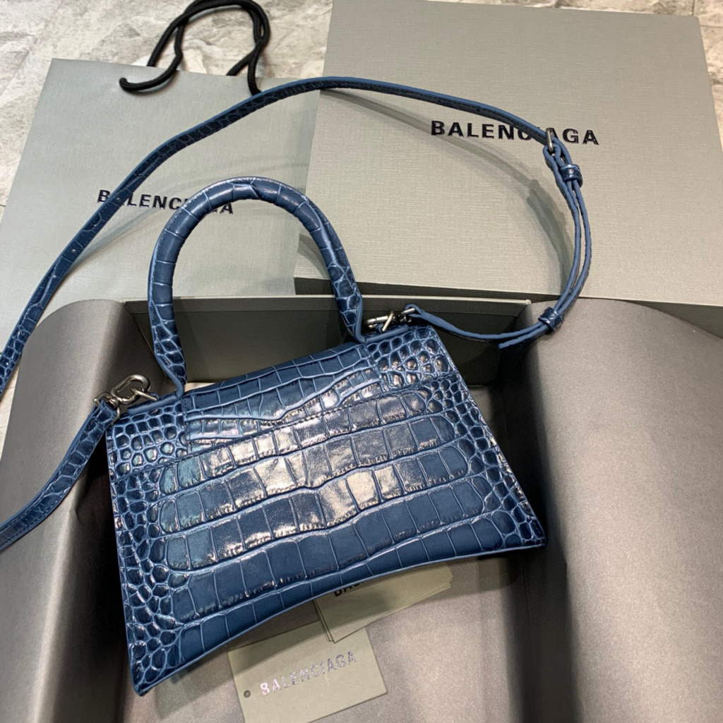 Balenciaga 593546 Hourglass Small Top Handle Crocodile Bag Navy Blue Silver
