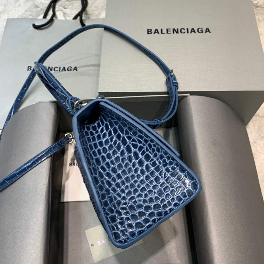 Balenciaga 593546 Hourglass Small Top Handle Crocodile Bag Navy Blue Silver