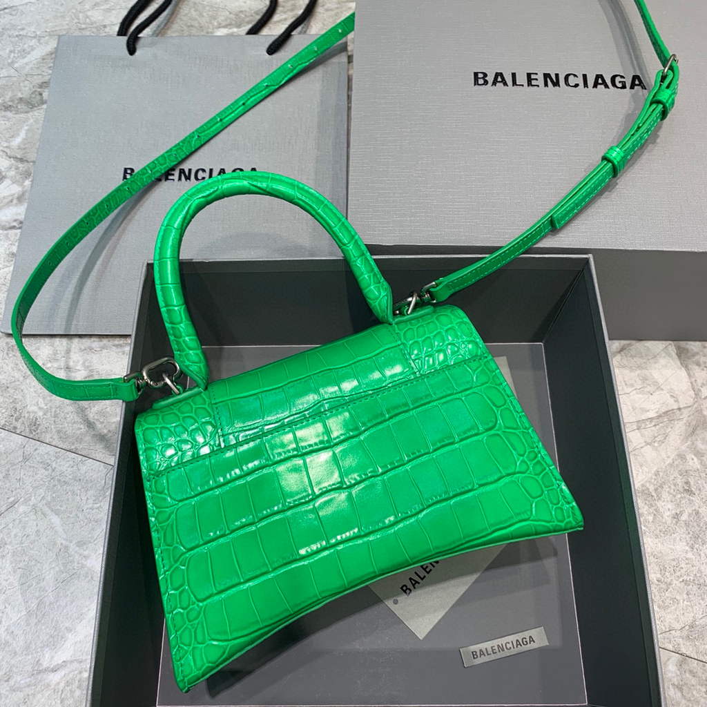 Balenciaga 593546 Hourglass Small Top Handle Crocodile Bag Green Silver