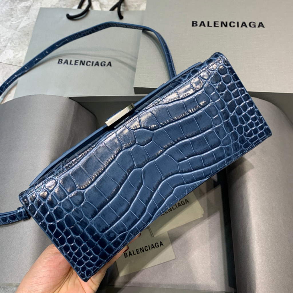 Balenciaga 593546 Hourglass Small Top Handle Crocodile Bag Navy Blue Silver