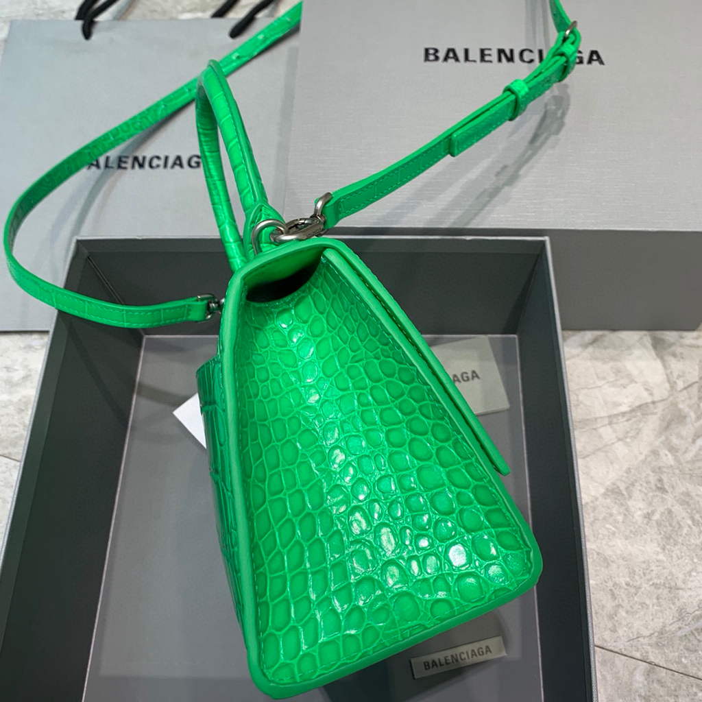 Balenciaga 593546 Hourglass Small Top Handle Crocodile Bag Green Silver