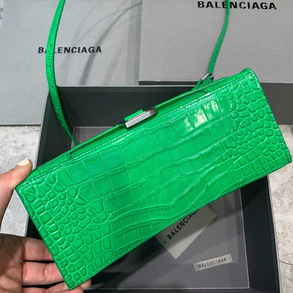 Balenciaga 593546 Hourglass Small Top Handle Crocodile Bag Green Silver