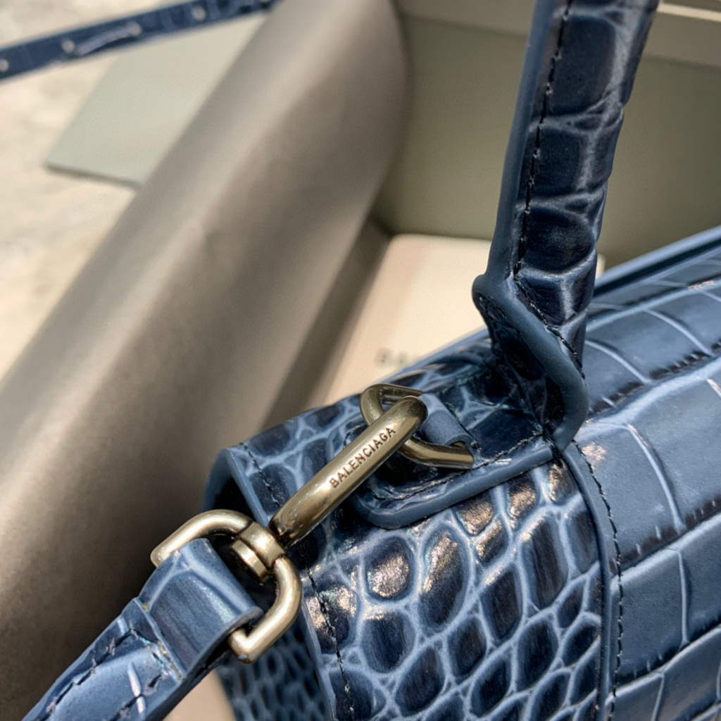 Balenciaga 593546 Hourglass Small Top Handle Crocodile Bag Navy Blue Silver