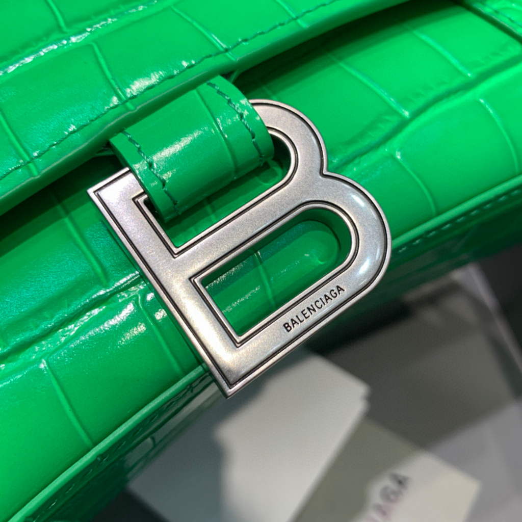 Balenciaga 593546 Hourglass Small Top Handle Crocodile Bag Green Silver
