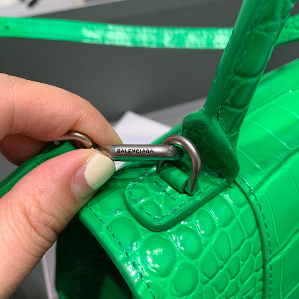 Balenciaga 593546 Hourglass Small Top Handle Crocodile Bag Green Silver