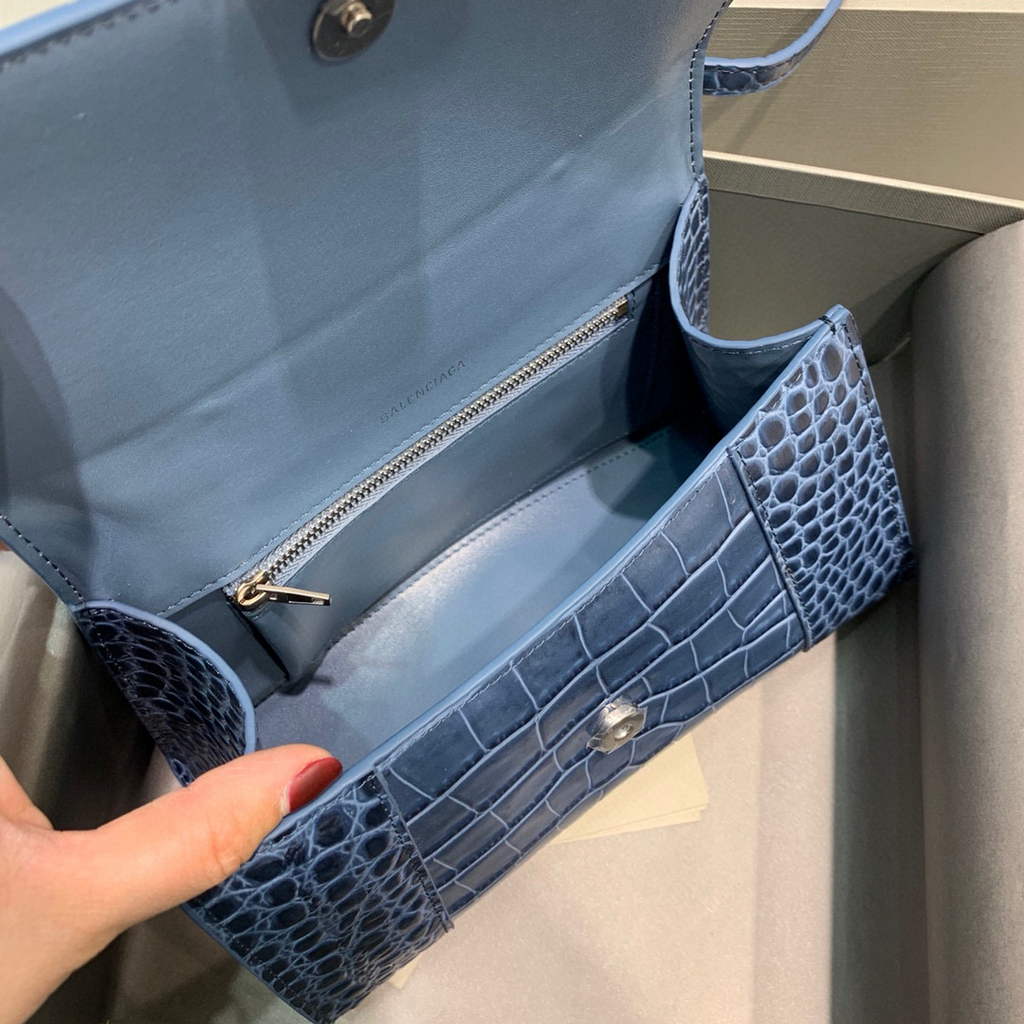 Balenciaga 593546 Hourglass Small Top Handle Crocodile Bag Navy Blue Silver