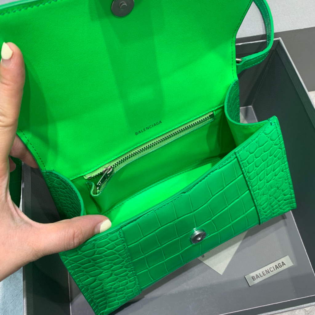 Balenciaga 593546 Hourglass Small Top Handle Crocodile Bag Green Silver