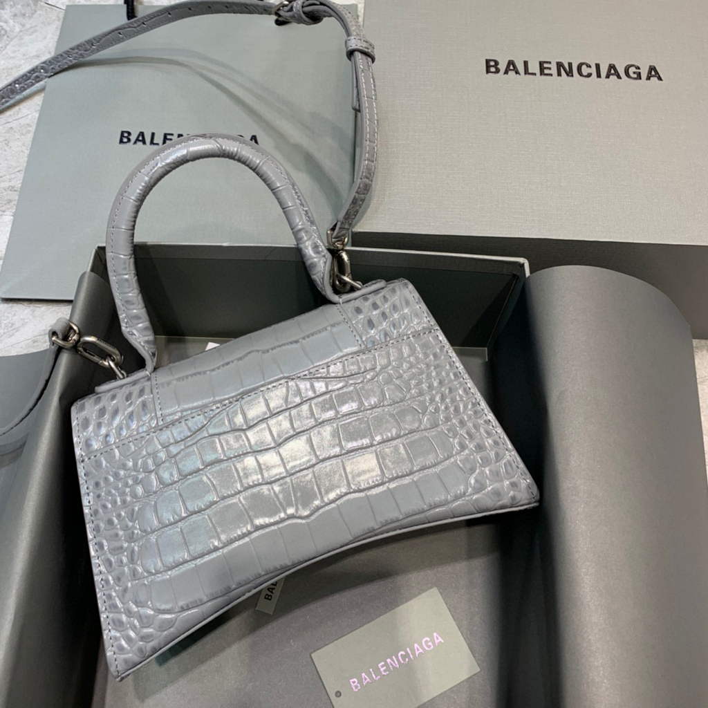 Balenciaga 593546 Hourglass Small Top Handle Crocodile Bag Gray Silver