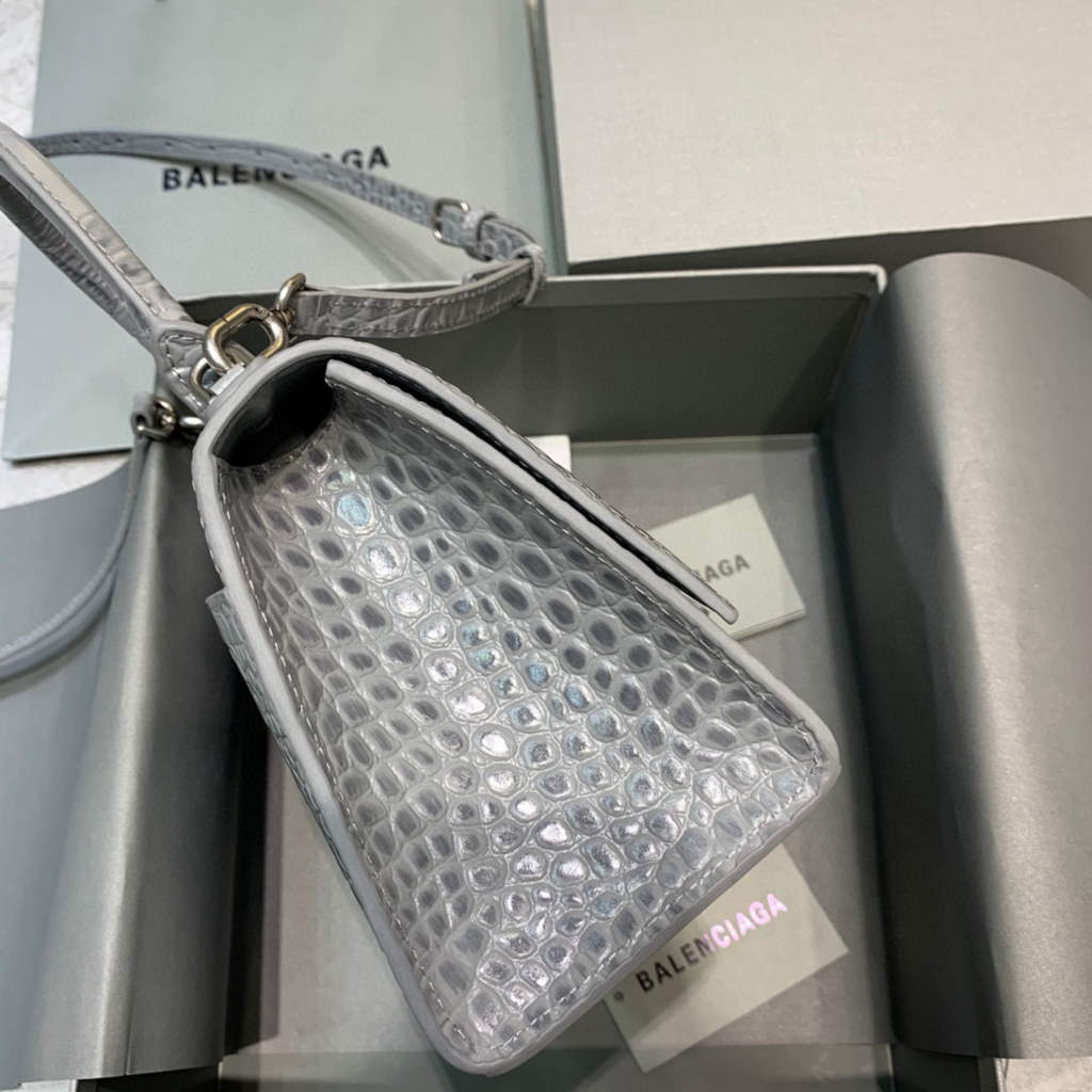 Balenciaga 593546 Hourglass Small Top Handle Crocodile Bag Gray Silver