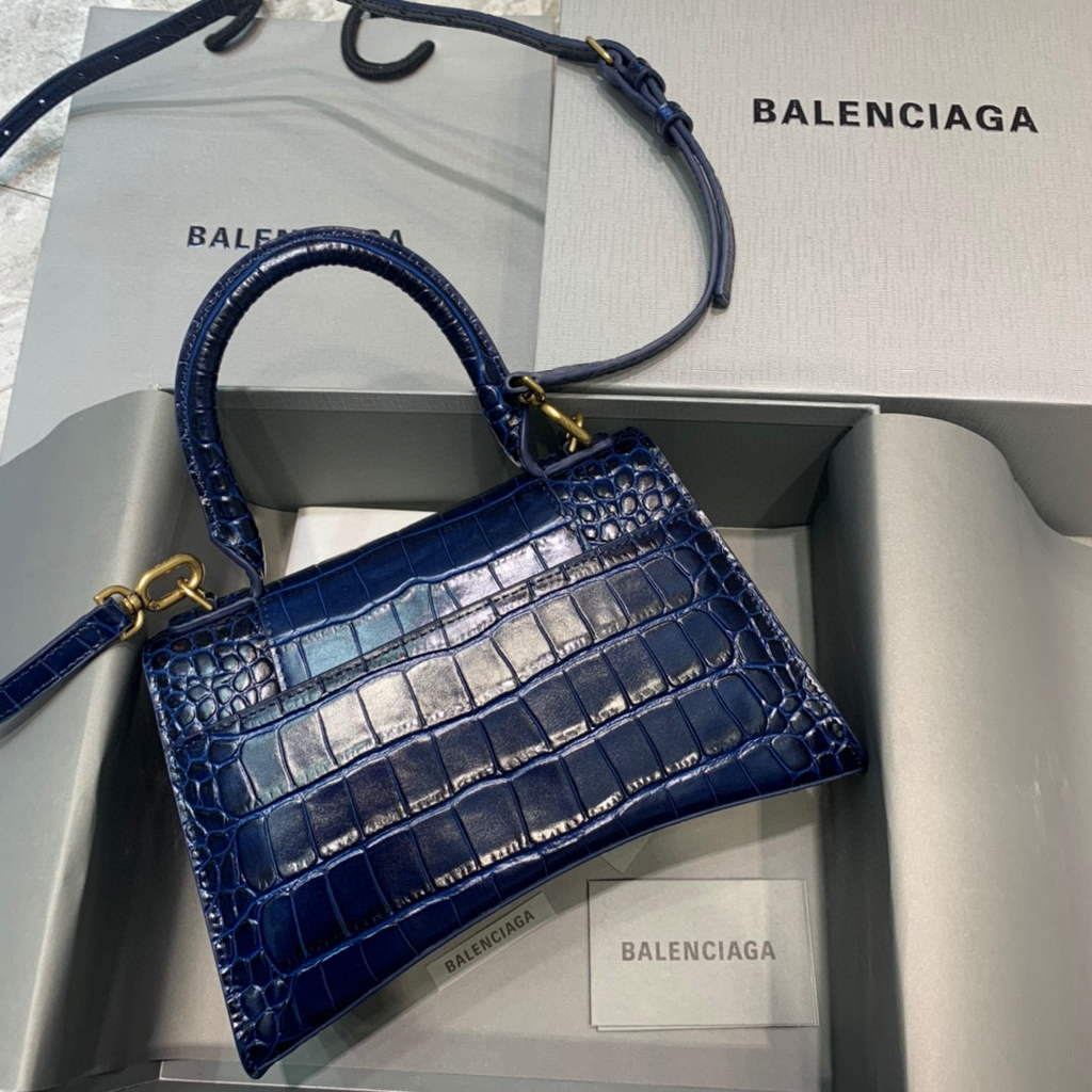 Balenciaga 593546 Hourglass Small Top Handle Crocodile Bag Navy blue