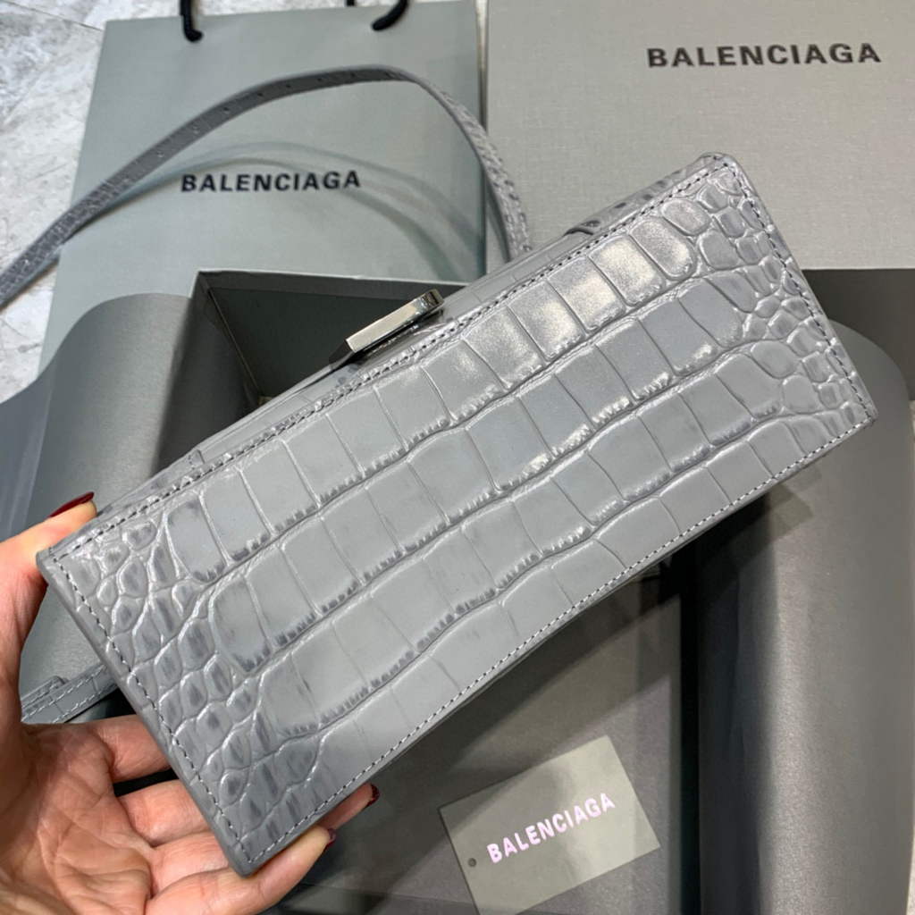 Balenciaga 593546 Hourglass Small Top Handle Crocodile Bag Gray Silver