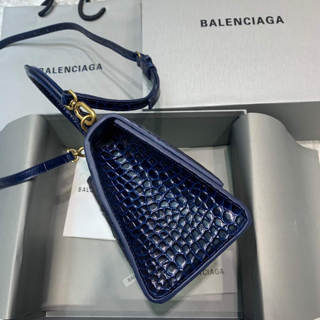 Balenciaga 593546 Hourglass Small Top Handle Crocodile Bag Navy blue