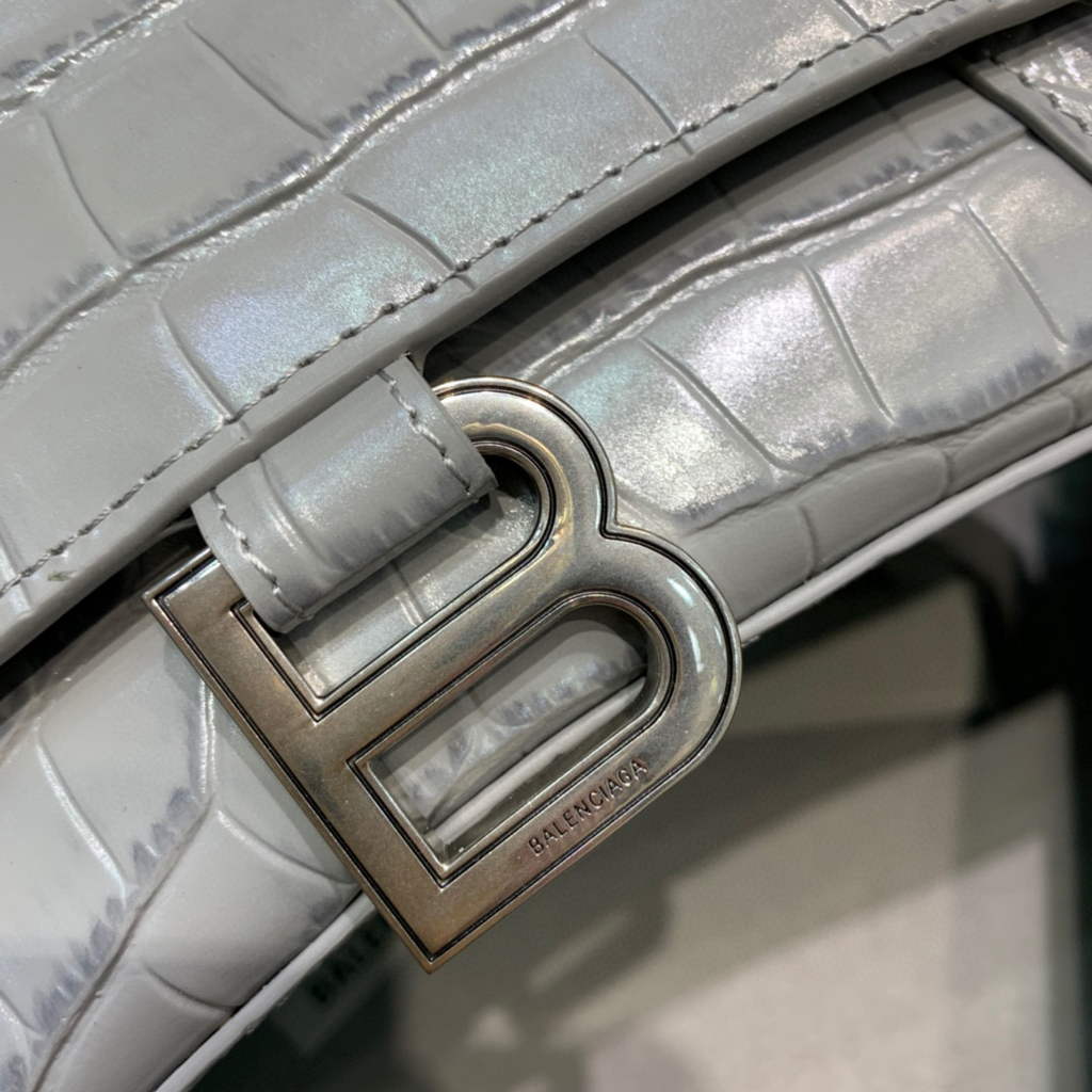 Balenciaga 593546 Hourglass Small Top Handle Crocodile Bag Gray Silver