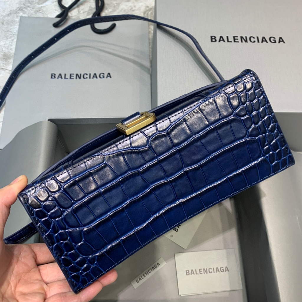 Balenciaga 593546 Hourglass Small Top Handle Crocodile Bag Navy blue