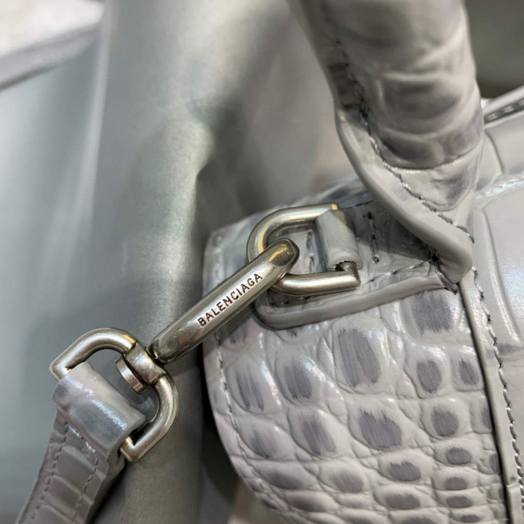 Balenciaga 593546 Hourglass Small Top Handle Crocodile Bag Gray Silver