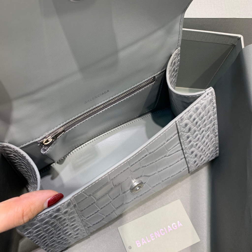Balenciaga 593546 Hourglass Small Top Handle Crocodile Bag Gray Silver