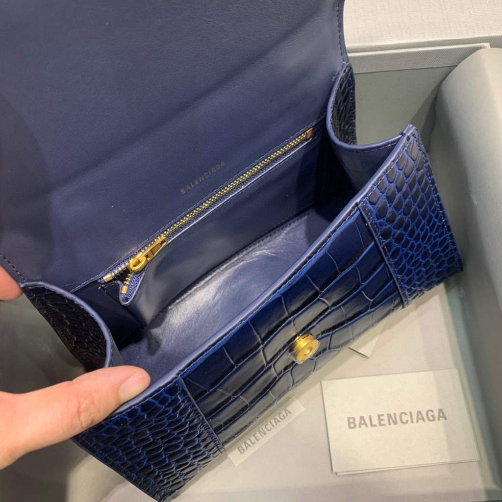 Balenciaga 593546 Hourglass Small Top Handle Crocodile Bag Navy blue