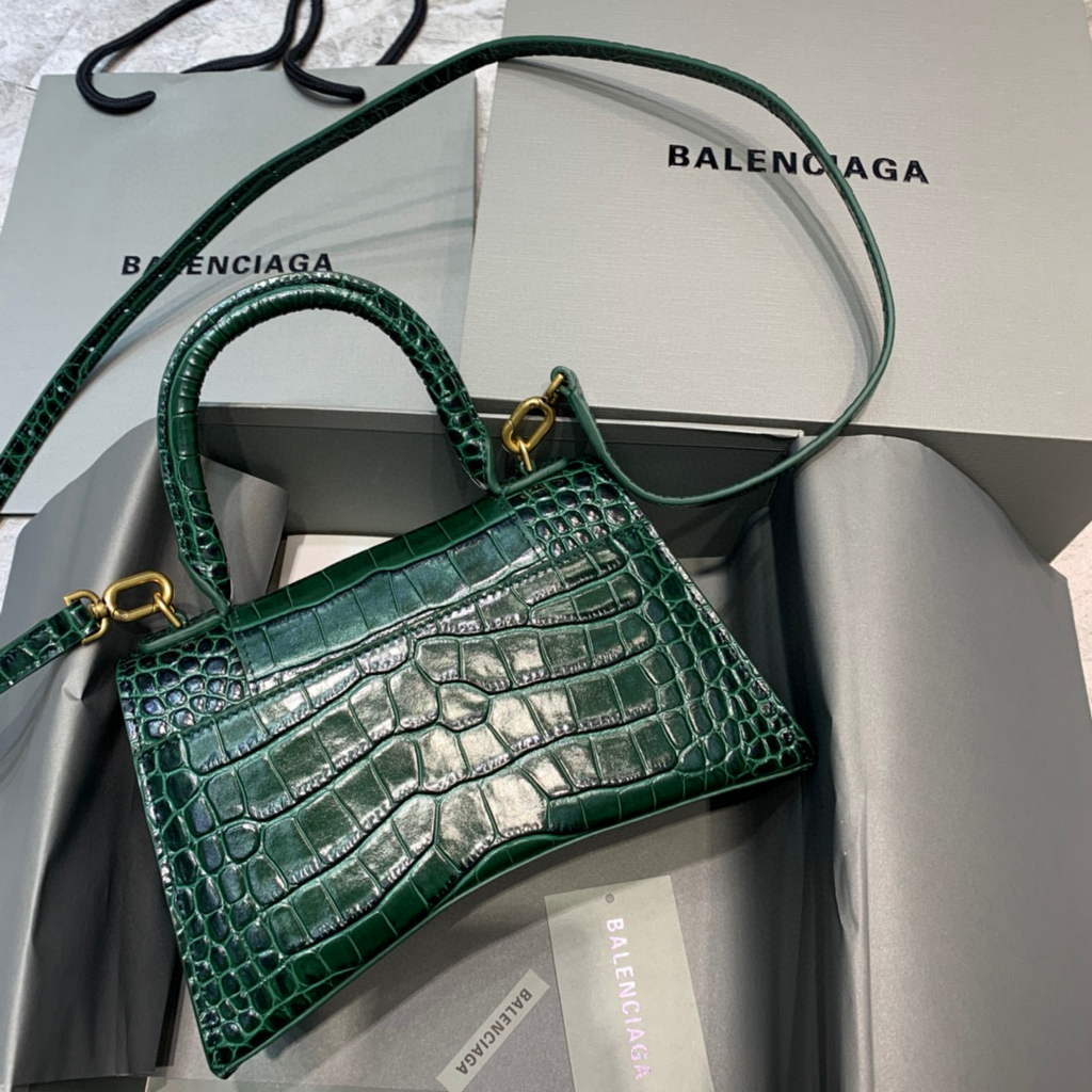 Balenciaga 593546 Hourglass Small Top Handle Crocodile Bag Dark Green Gold