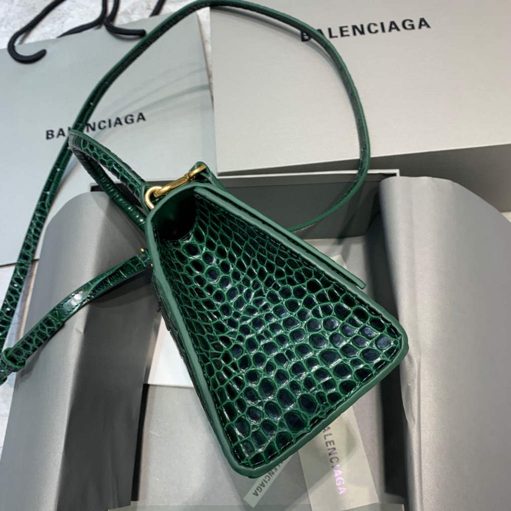 Balenciaga 593546 Hourglass Small Top Handle Crocodile Bag Dark Green Gold