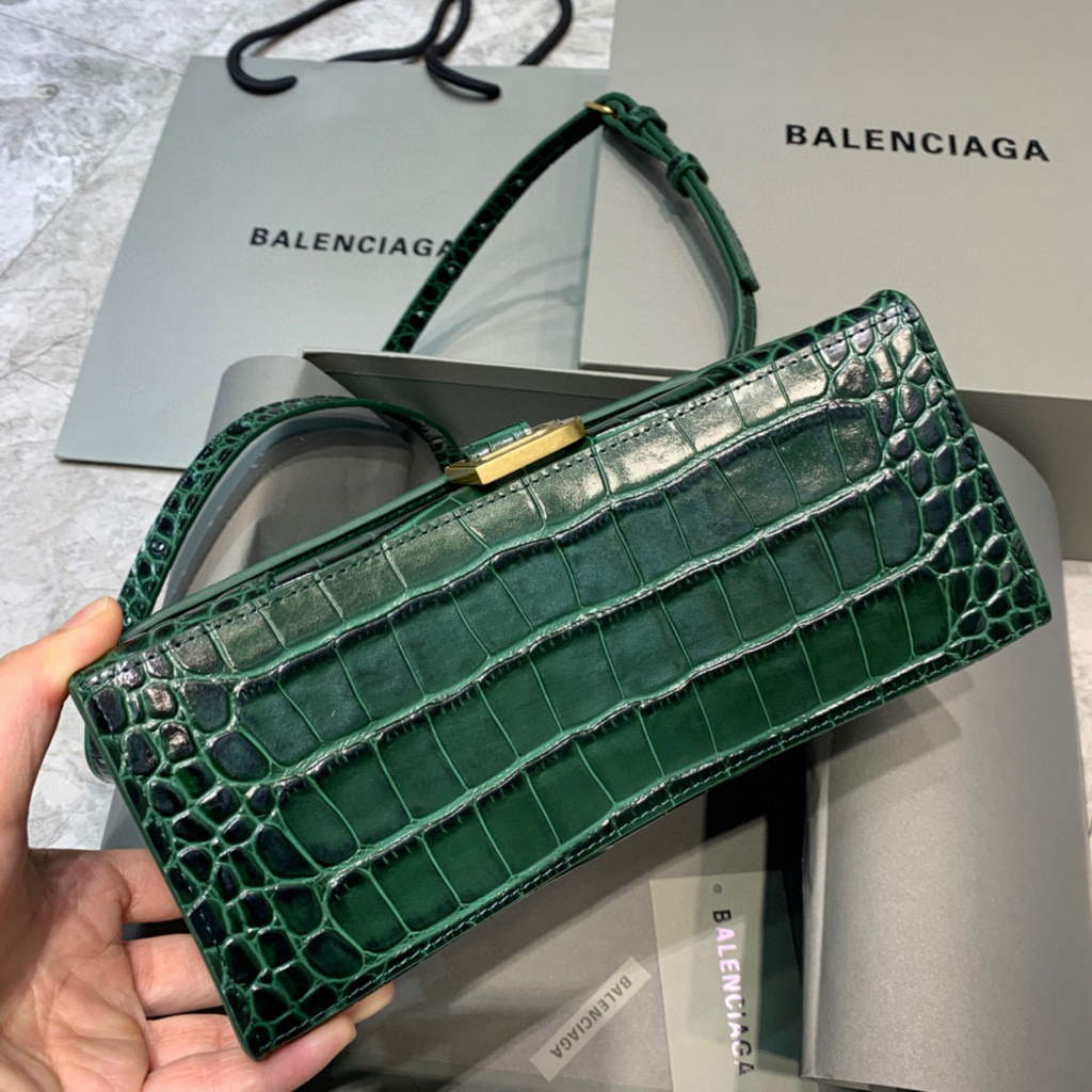 Balenciaga 593546 Hourglass Small Top Handle Crocodile Bag Dark Green Gold