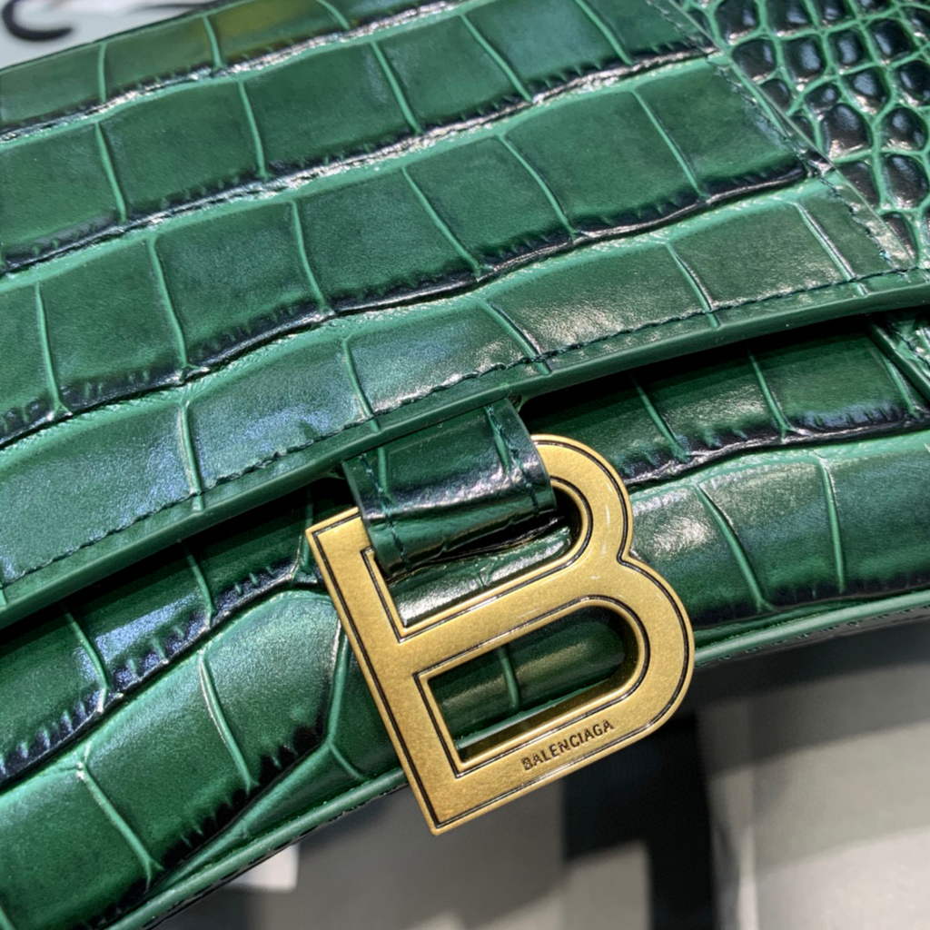 Balenciaga 593546 Hourglass Small Top Handle Crocodile Bag Dark Green Gold