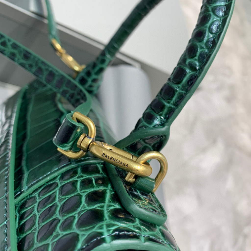 Balenciaga 593546 Hourglass Small Top Handle Crocodile Bag Dark Green Gold