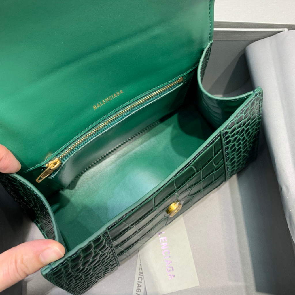 Balenciaga 593546 Hourglass Small Top Handle Crocodile Bag Dark Green Gold