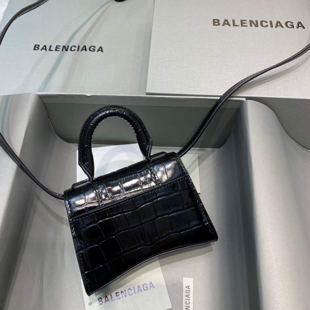 Balenciaga 664676 Hourglass Mini Top Handle Crocodile Bag Black