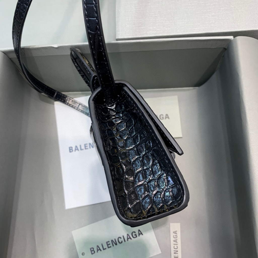 Balenciaga 664676 Hourglass Mini Top Handle Crocodile Bag Black