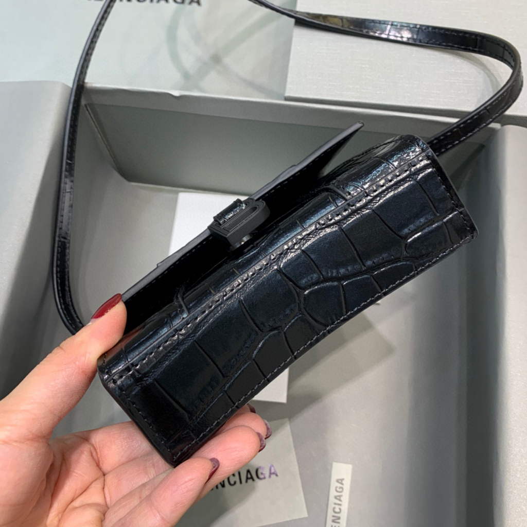 Balenciaga 664676 Hourglass Mini Top Handle Crocodile Bag Black