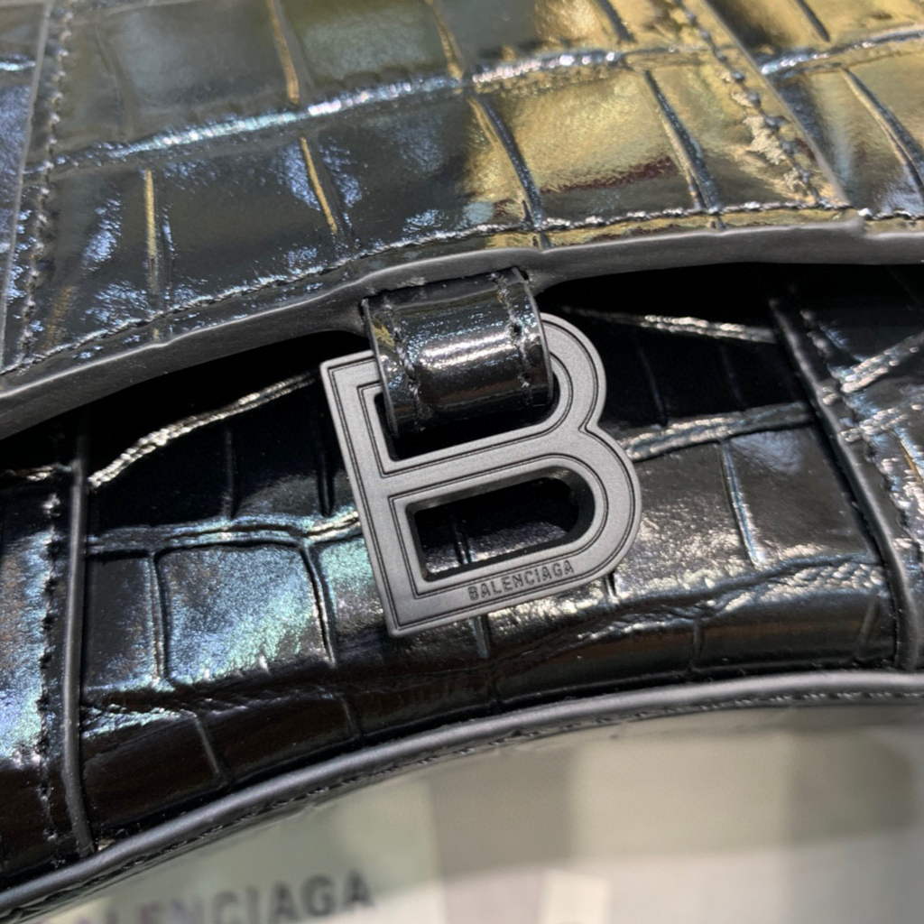 Balenciaga 664676 Hourglass Mini Top Handle Crocodile Bag Black
